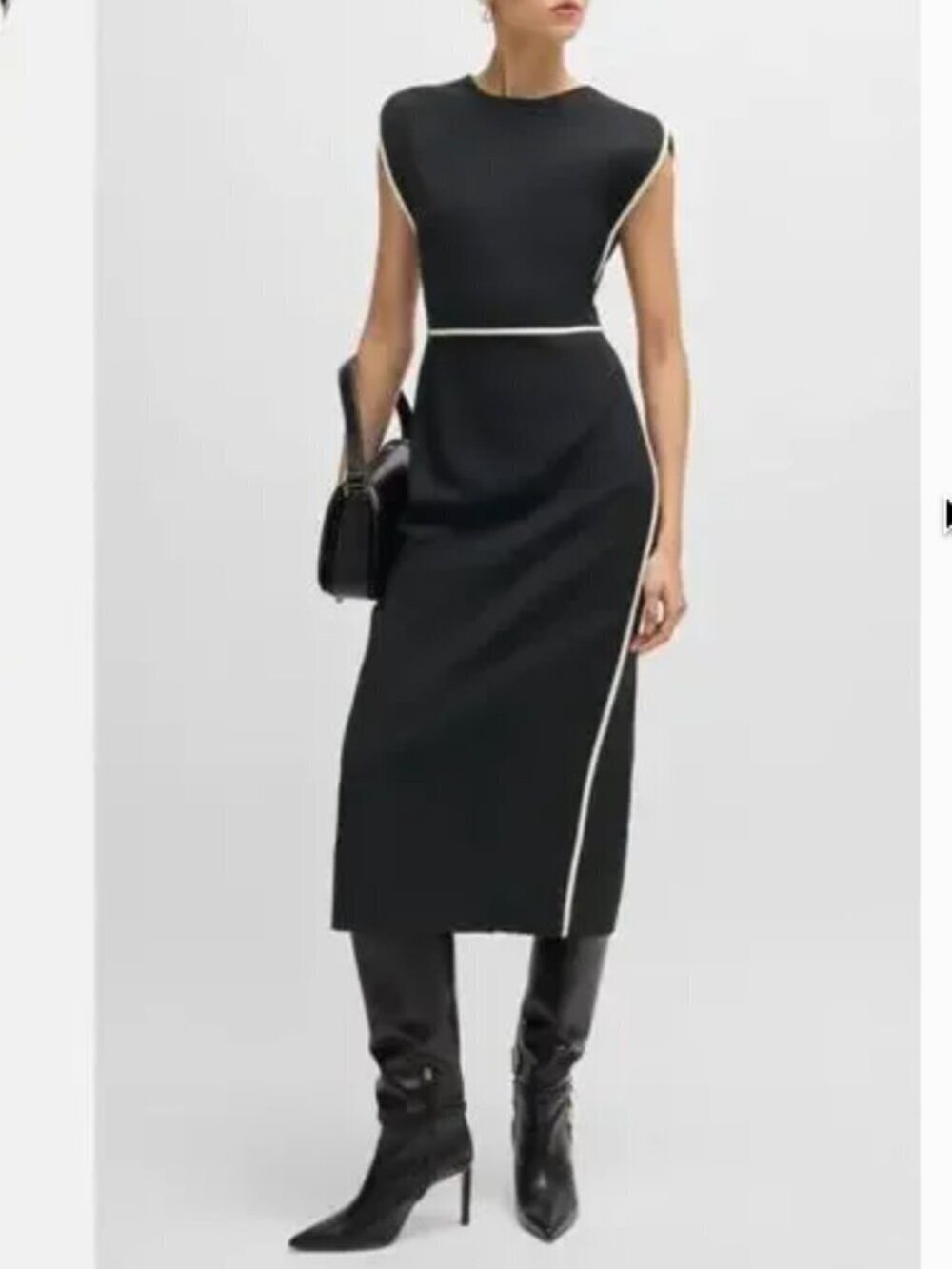 Boss Detira Dress Wool Blend Sleeveless Contrast Piping Trim Midi Sheath Black 4
